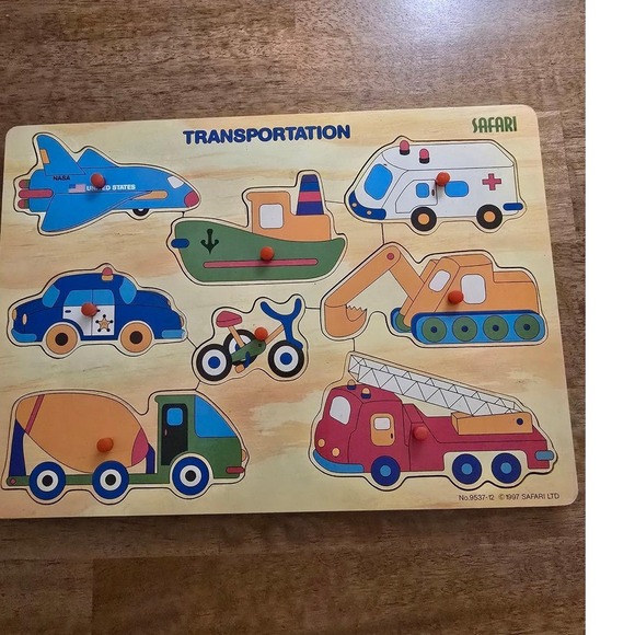 Safari Ltd Other - Vintage 1997 Safari Ltd Transportation Wooden Peg Puzzle 8 Piece Toy 9537-12